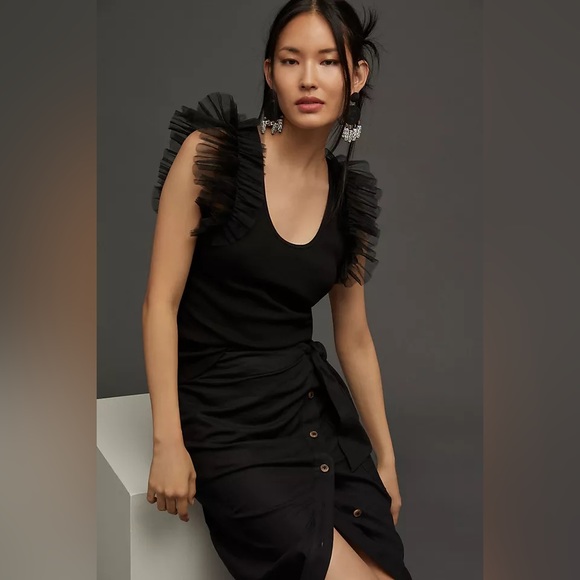 Anthropologie DOLAN Tulle Sleeve Black Tank Top - Picture 1 of 10